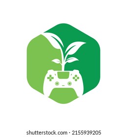 Eco game vector logo design. Green gamepad fresh leaf nature logo design.
