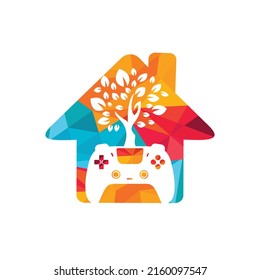Eco game vector logo design. Green gamepad fresh leaf nature logo design.	