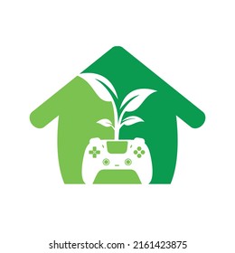 Eco game vector logo design. Green gamepad fresh leaf nature logo design.	