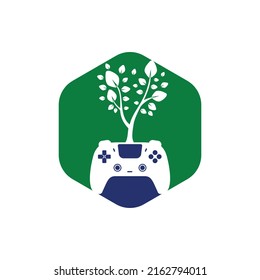 Eco game vector logo design. Green gamepad fresh leaf nature logo design.	