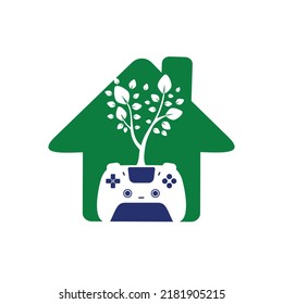 Eco game vector logo design. Green gamepad fresh leaf nature logo design.