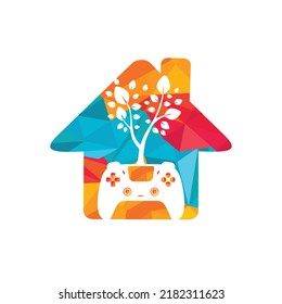 Eco game vector logo design. Green gamepad fresh leaf nature logo design.