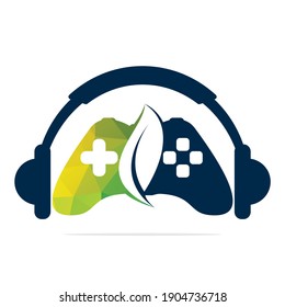 Plantilla de diseño del logotipo del controlador de juegos ecológicos y del podcast.  diseño de vectores de podcast joystick.