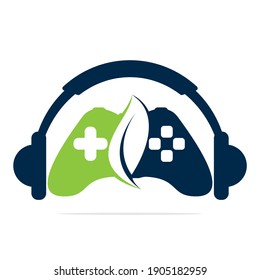 Eco Gaming controller and podcast logo design template.  joystick podcast vector concept design.