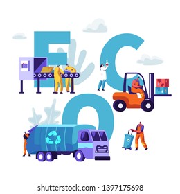 Eco, Garbage Recycling Concept. Scientist Test Water in Flask, Metallurgy Factory Working Process, Workers Collecting Litter to Truck. Poster, Banner, Flyer, Brochure Cartoon Flat Vector Illustration