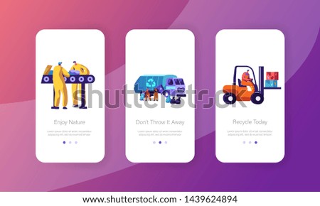 Eco, Garbage Recycling Concept for Website or Web Page, Metallurgy Factory Working Process, Workers Collecting Litter to Truck. Mobile App Page Onboard Screen Set Cartoon Flat Vector Illustration.