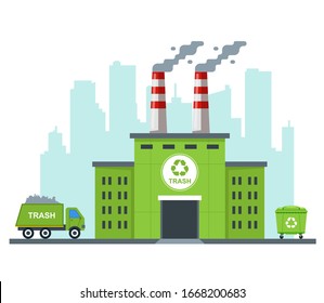 eco garbage recycling plant. carry waste on a truck. flat vector illustration