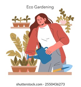 Eco Gardening concept. A woman engaging in sustainable gardening, nurturing houseplants with love. Urban lifestyle blend with nature. Vector illustration.