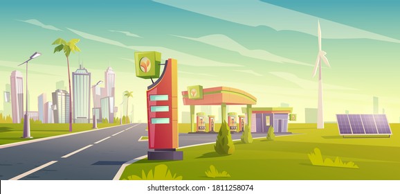 Eco gas station, green city car refueling service, petrol shop with windmills, solar panels, building, price display on cityscape background, urban vehicle fuel sellings. Cartoon vector illustration