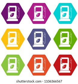 Eco gas station icons 9 set coloful isolated on white for web