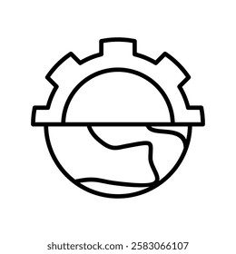 eco gear line icon, Gear on top of a globe, a symbol of global business, technology, travel, and transportation, suitable for presentations, websites, and articles.