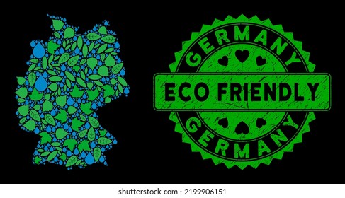 Eco Germany Map Mosaic Of Herbal Leaves And Water Dews, And ECO FRIENDLY Reward Seal. Germany Map Is Composed From Green Herbal Parts And Blue Liquid Dews. Abstract Geographic Scheme For Germany Map.