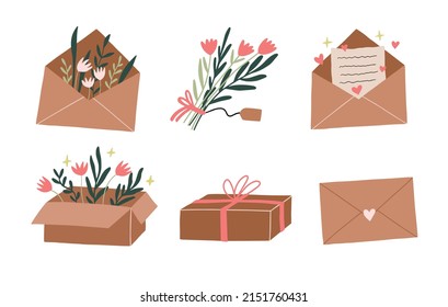 Eco gift packages. Present box, flower bouquet delivery, envelope, love letter. Romantic gifts eco set. Craft paper. Vector illustration