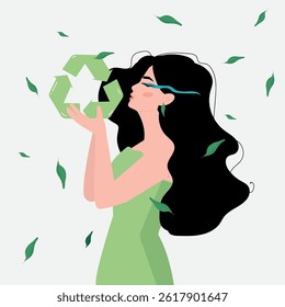 Eco Girl holds a recycling sign in her hands. There are green leaves around. For packaging, postcards, banners. Vector