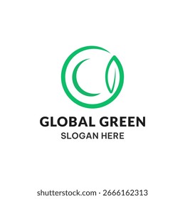 Diseño de logotipo de arte de línea de hoja de globo ecológico. Símbolo de Vector de contorno de tierra de Naturaleza verde. Ilustración de icono verde global
