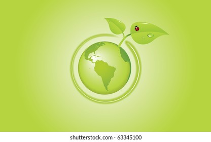 Eco globe with leaves and a ladybug on a green background. Editable vector illustration.