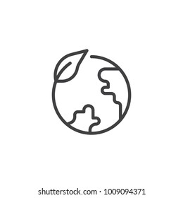 Eco Globe Line Icon, Outline Vector Sign, Linear Style Pictogram Isolated On White. Leaf And Earth Globe Symbol, Logo Illustration. Editable Stroke