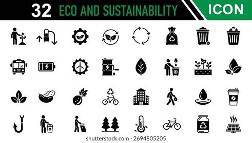 Conjunto de iconos de glifo ecológico. Incluyendo flechas. Ilustración de silueta de Vector