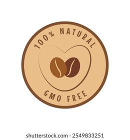 Eco, gmo free, natural product sticker, label, badge and logo. Logo template with brown coffee beans. Vector illustration for organic coffee, eco friendly product. Isolated on white. 