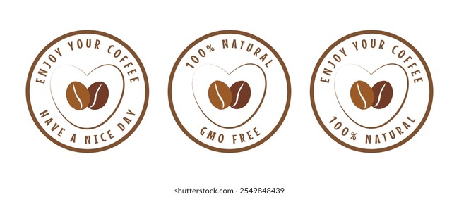 Eco, gmo free, natural product sticker for coffee. Label, badge and logo. Logo template with brown coffee beans. Vector illustration for organic coffee, eco friendly product. Transparent background.