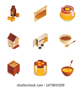 Eco golden honey icon set. Isometric set of 9 eco golden honey vector icons for web design isolated on white background