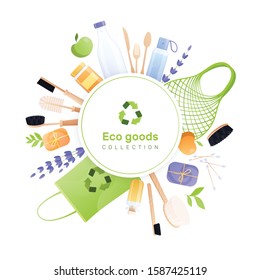 Eco goods frame flat round composition with recycle pictogram and circle surrounded by eco friendly recyclable items vector illustration