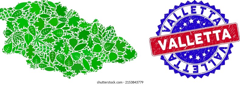Eco Gozo Island map collage of floral leaves in green color tinges and grunge bicolor Valletta seal stamp. Red and blue bicolored stamp with grunge style and Valletta phrase.