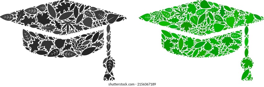 Mosaico de ícono del tapón de graduación ecológica de hojas de hierbas en tonos verdes y naturales. Concepto de vector de entorno ecológico para el icono de la tapa de graduación.