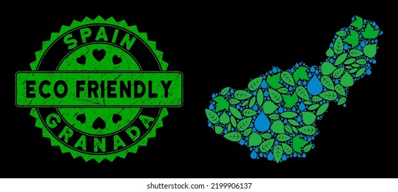 Eco Granada Province map composition of herbal leaves and water dews, and ECO FRIENDLY quality seal. Granada Province map is organized from green herbal parts and blue water dews.