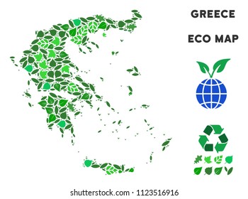 Eco Greece map collage of floral leaves in green color tints. Ecological environment vector template. Greece map is formed of green floral items. Abstract territory plan.