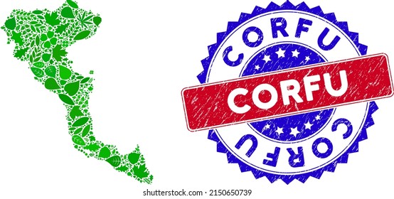 Eco Greek Corfu Island map collage of herbal leaves in green color tints and grunge bicolor Corfu seal. Red and blue bicolored stamp with distress texture and Corfu caption.