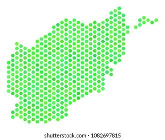 Eco green Afghanistan map. Vector hex tile territorial plan in eco green color tones. Abstract Afghanistan map composition is created with hexagon elements.