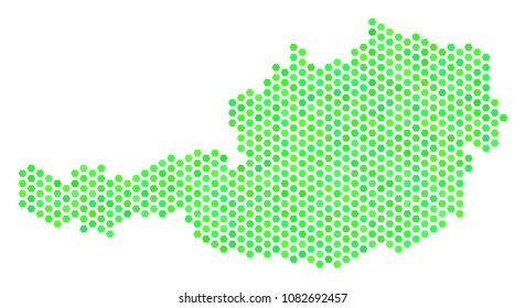 Eco green Austria map. Vector hexagonal territory plan in fresh green color hues. Abstract Austria map mosaic is done of hex tile items.