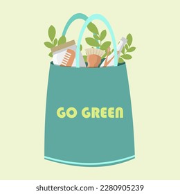 Eco green bag with text vector Illustration. Reusable shopping bag with lettering Go Green. Ecology shopping. Handbag with typography