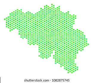 Eco green Belgium map. Vector hexagonal territorial plan using green color shades. Abstract Belgium map composition is combined of hex-tile elements.
