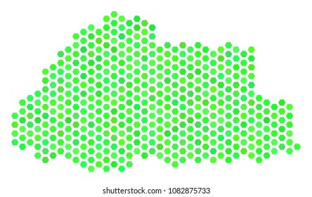 Eco green Bhutan map. Vector hex tile territorial map drawn with fresh green color hues. Abstract Bhutan map concept is combined of hex-tile blots.