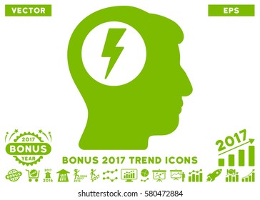 Eco Green Brain Electric Shock icon with bonus 2017 trend elements. Vector illustration style is flat iconic symbols, white background.