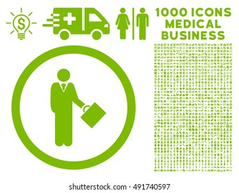 Eco Green Businessman vector rounded icon. Image style is a flat icon symbol inside a circle, white background. Bonus set includes 1000 health care business design elements.