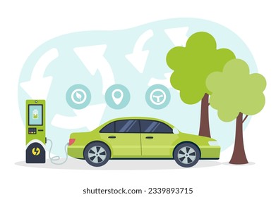 Eco green car charging concept. Susatinable lifestyle and care about nature, reduction of waste and CO2 emissions into atmosphere. Poster or banner for website. Cartoon flat vector illustration