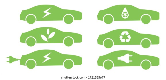 Eco green car logo, electric, gas, organic fuel. Environmentally friendly, non-polluting, sustainable car sign vector set
