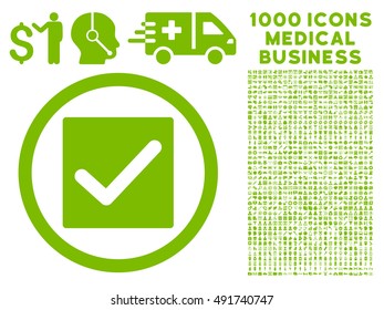 Eco Green Check vector rounded icon. Image style is a flat icon symbol inside a circle, white background. Bonus clip art contains 1000 healthcare business symbols.