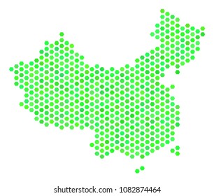 Eco green China map. Vector hex-tile territory map drawn with fresh green color tones. Abstract China map composition is constructed with hexagonal spots.