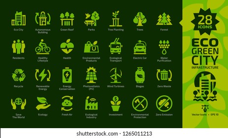 Eco Green City Color Glyph Icon Set On A Dark Background With Ecology Town Infrastructure, Nature Environment Building, Renewable Energy, Recycle Technology, Solar And Wind Power And Future House Sign