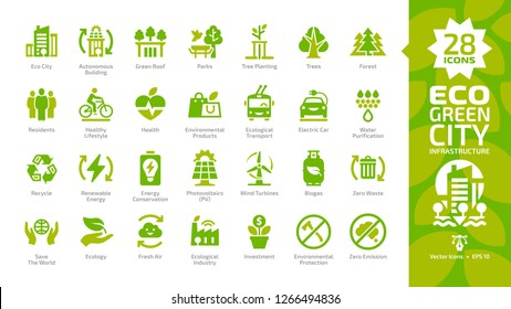 Eco green city color glyph icon set with parks, trees, health, electric car, water purification, recycle, renewable energy, photovoltaics, wind turbines, biogas, fresh air and zero waste pictogram.