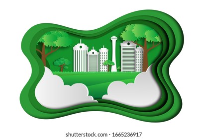 Eco green city concept illustration in paper cut craft digital art with layered background. Cityscape landscape environment, natural eco green concept in paper art style design. vector illustration. 