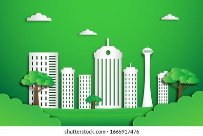 Eco green city concept illustration in paper cut craft digital art with layered background. Cityscape landscape environment, natural eco green concept in paper art style design. vector illustration. 