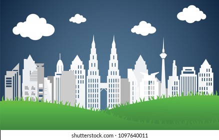 Eco green city concept with Kuala Lumpur cityscape in paper art style