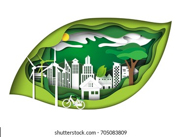 Eco green city concept in green leaf shape paper carve background.Nature landscape and environment conservation paper art style design template.Vector illustration.