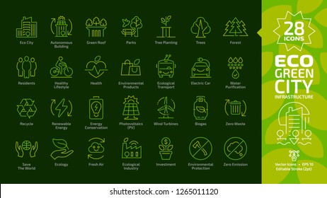 Eco Green City Editable Stroke Color Line Icon Set On A Dark Background With Environment Ecology Town Infrastructure, Renewable Solar And Wind Electric Energy And Recycle Technology Outline Symbols.