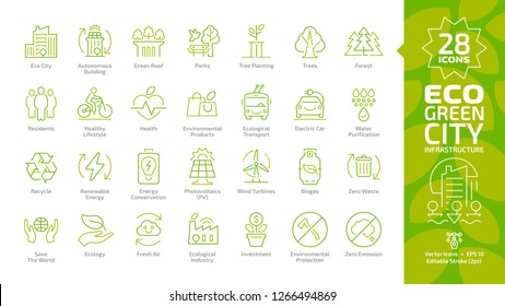 Eco green city editable stroke color line icon set with outline autonomous building, green roof, park, tree planting, forest, residents, healthy lifestyle, environmental products, ecological transport